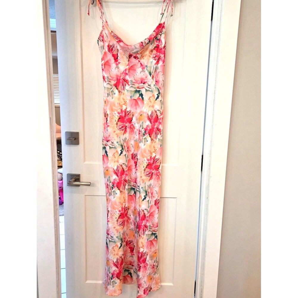 NEXT UP Pink Watercolor Floral Satin Slip Dress Cowl Neck Maxi Wedding Guest NWT